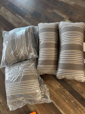 Striped Lumbar and Square Throw Pillow Set in Taupe & Cream